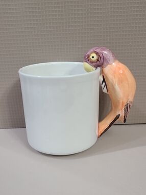 Vintage Pier 1 Japan White Ceramic Mug with Pink and Peach Parrot Handle